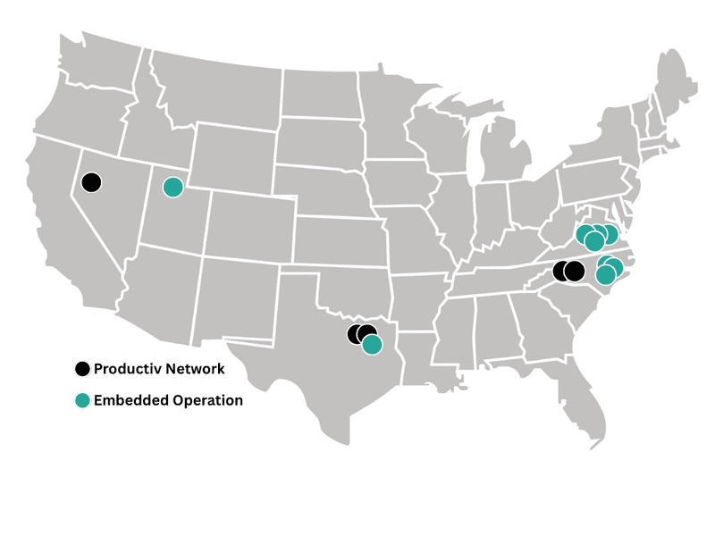 Productiv locations map: three fulfillment warehouses in Dallas, Charlotte, and Reno plus embedded operation sites in Richmond, Raleigh, Salt Lake City, and Dallas