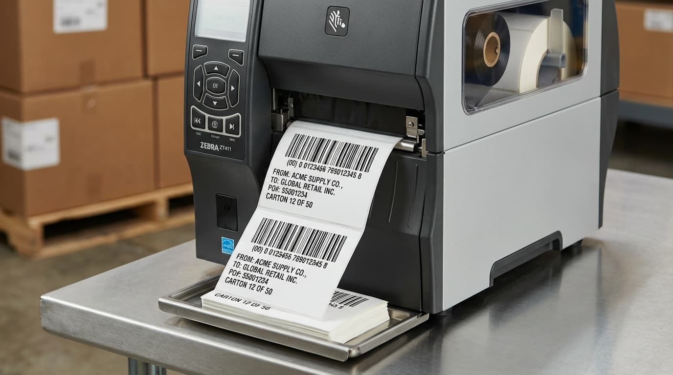 Close-up of a thermal transfer printer producing UCC-128 retail compliance barcode labels for shipping cartons