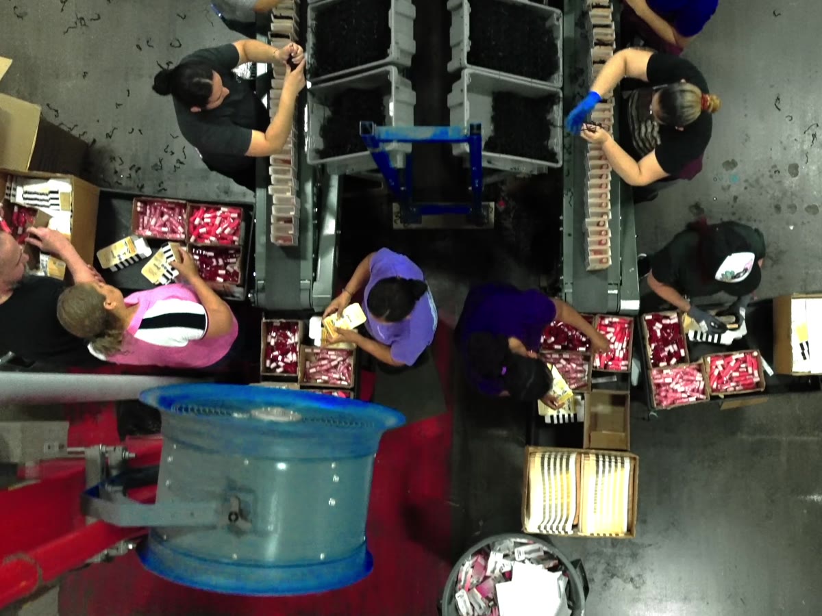 Overhead view of a Productiv kitting line: operators placing cosmetics into trays as cartons move down the conveyor