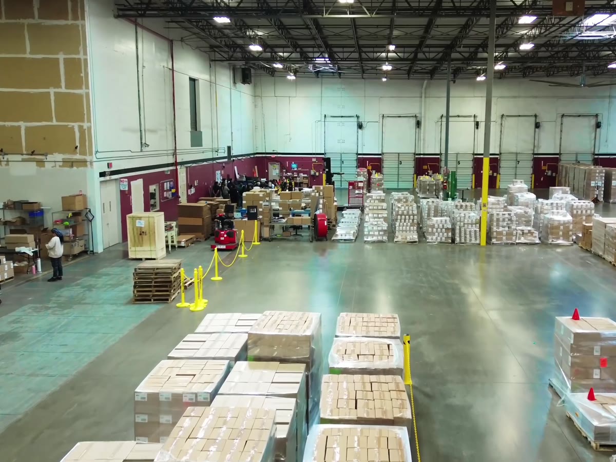 A Productiv distribution floor with staged pallets, dock doors, and the receiving office