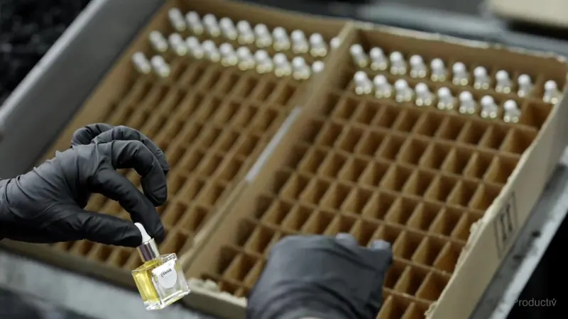 A gloved operator placing fragrance bottles into a divided tray on a Productiv kitting line